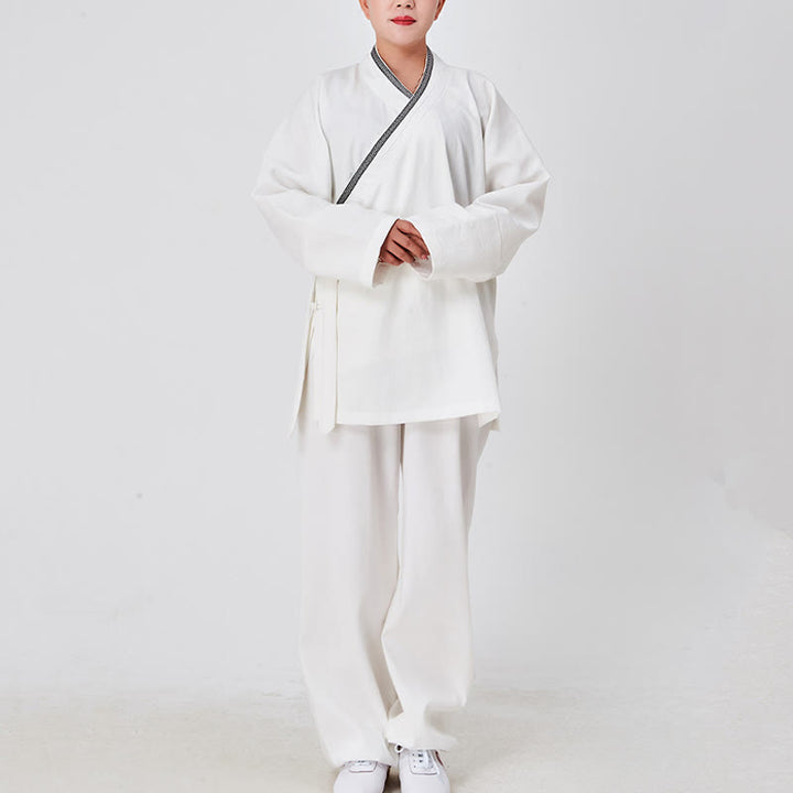 Buddha Stones ​​2-teiliger Wudang Herbst-Kimono mit Froschknopfverschluss, langen Ärmeln, Leinen, Unisex, taoistischer Kimono, Hose, Qigong-Zeremonie-Anzug - Weiß - 3XL- Passend für US/ UK/AU/ EU- XL - image 0