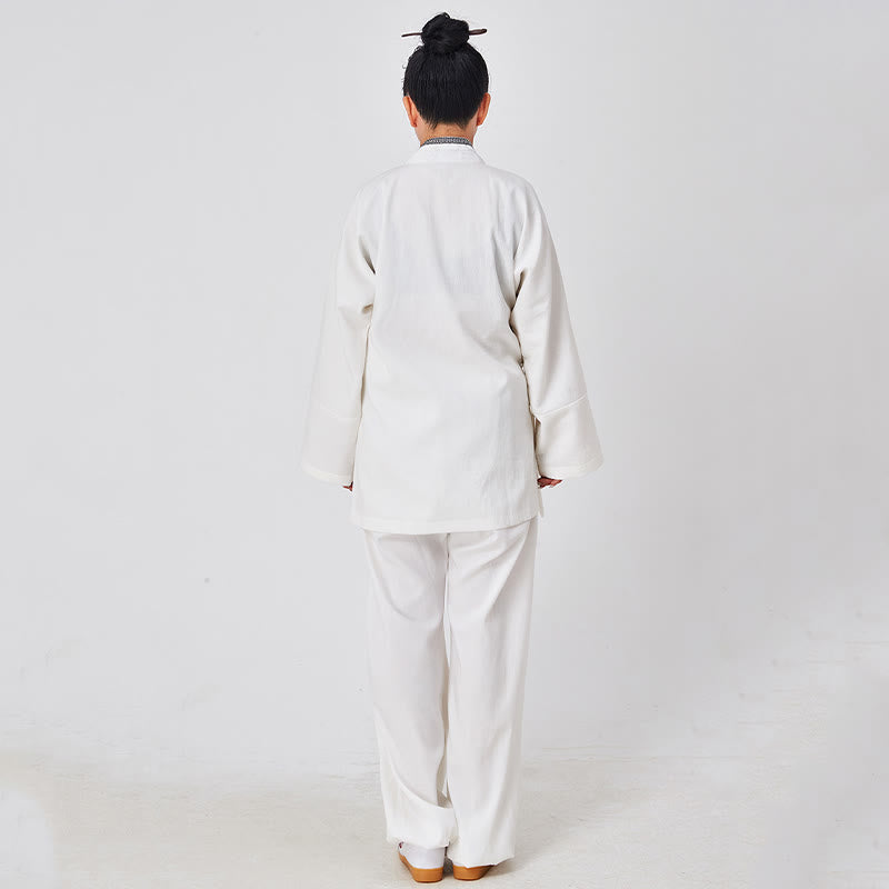 Buddha Stones ​​2-teiliger Wudang Herbst-Kimono mit Froschknopfverschluss, langen Ärmeln, Leinen, Unisex, taoistischer Kimono, Hose, Qigong-Zeremonie-Anzug - image 3