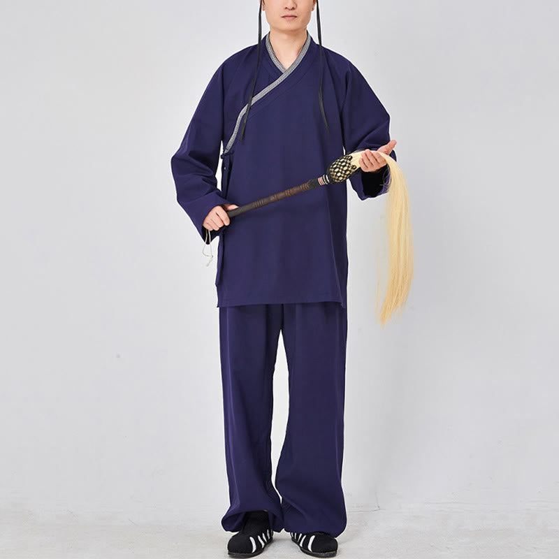 Buddha Stones ​​2-teiliger Wudang Herbst-Kimono mit Froschknopfverschluss, langen Ärmeln, Leinen, Unisex, taoistischer Kimono, Hose, Qigong-Zeremonie-Anzug - SteelBlue - 3XL- Passend für US/ UK/AU/ EU- XL - image 5