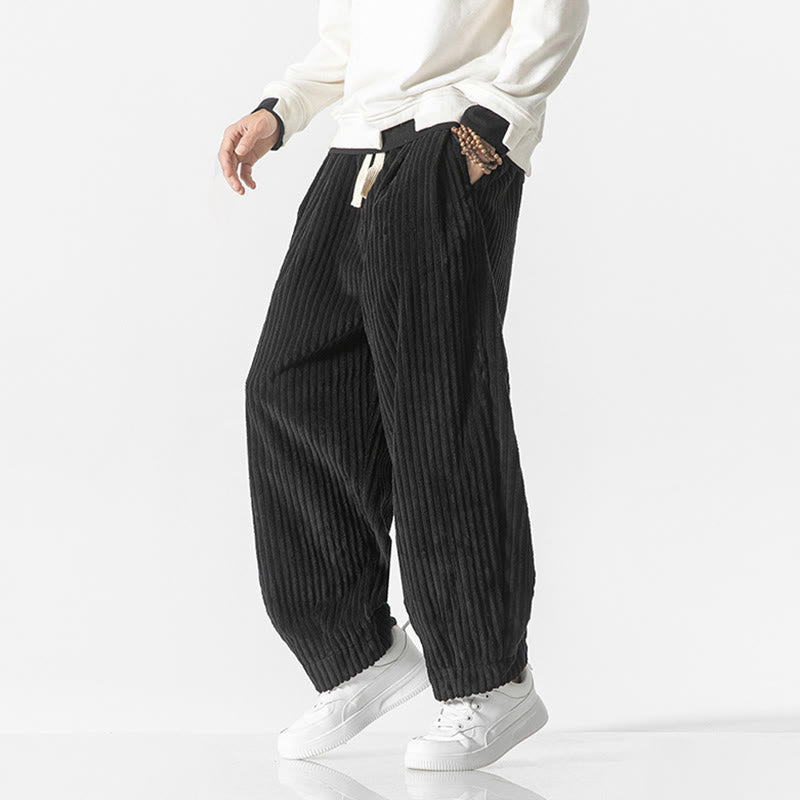 Buddha Stones Retro Winter Einfarbige Herren-Haremshose aus Cord mit Kordelzug und Taschen - image 17