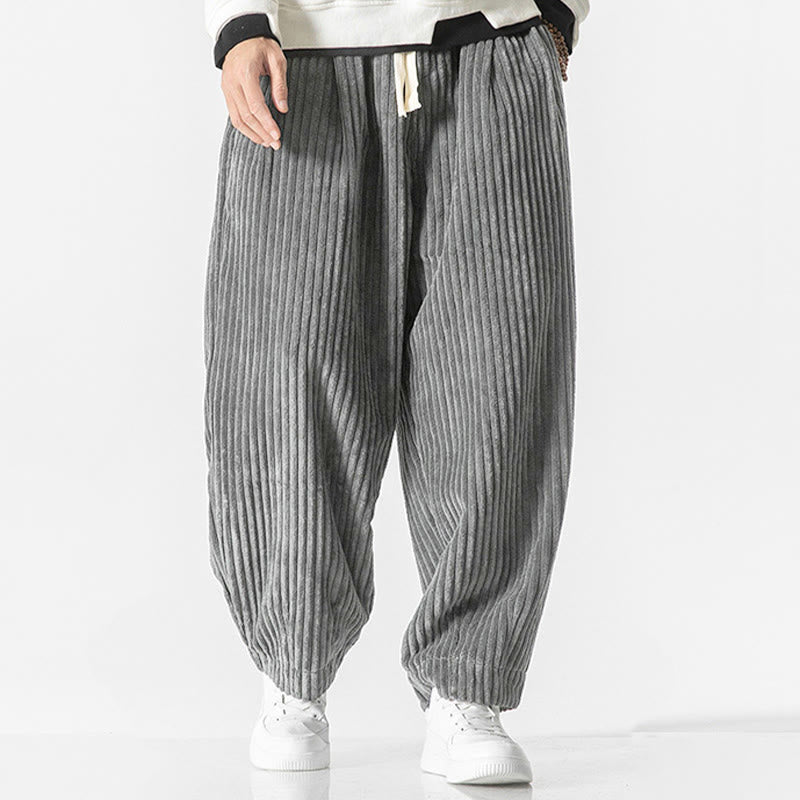 Buddha Stones Retro Winter Einfarbige Herren-Haremshose aus Cord mit Kordelzug und Taschen - image 4