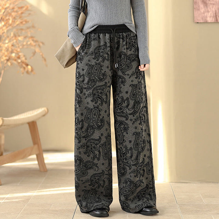 Buddha Stones Jacquard Paisley Muster Damen Weite Bein Thermofleece-gefütterte Baumwollhose mit Taschen - image 2