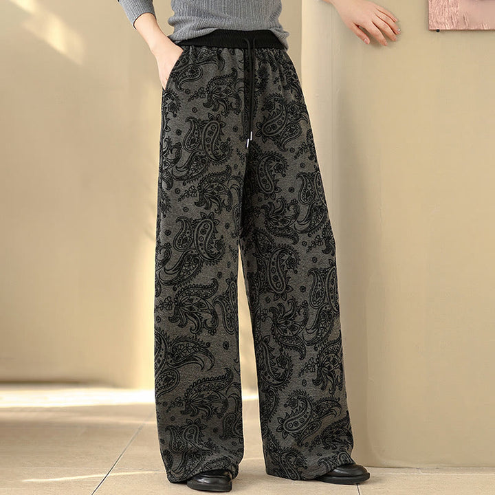 Buddha Stones Jacquard Paisley Muster Damen Weite Bein Thermofleece-gefütterte Baumwollhose mit Taschen - image 0