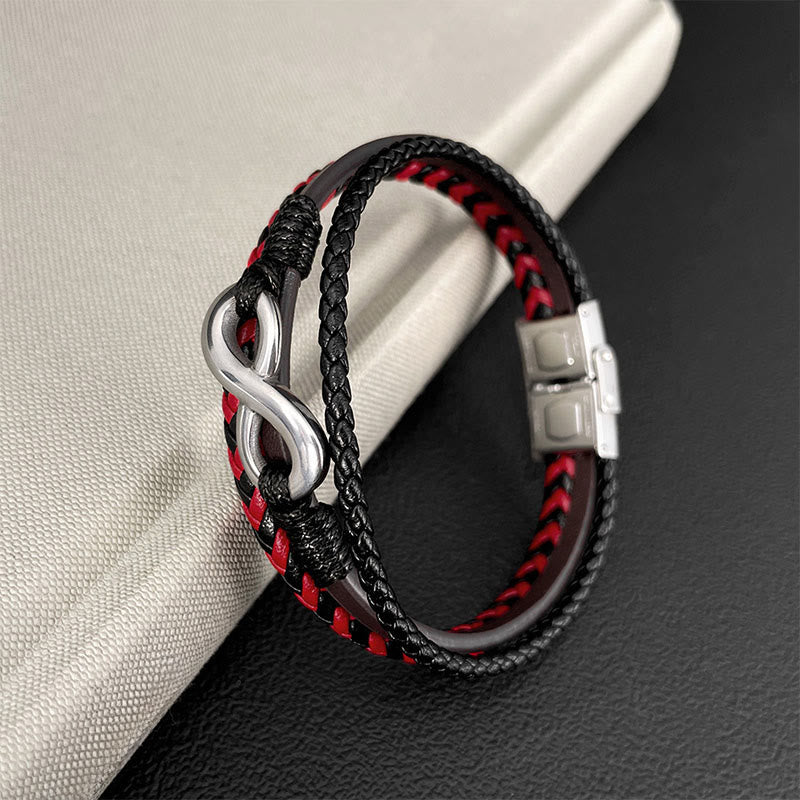Buddha Stones Infinitely Design Titanstahl Geflochtenes Dreilagen-Lederarmband - image 1