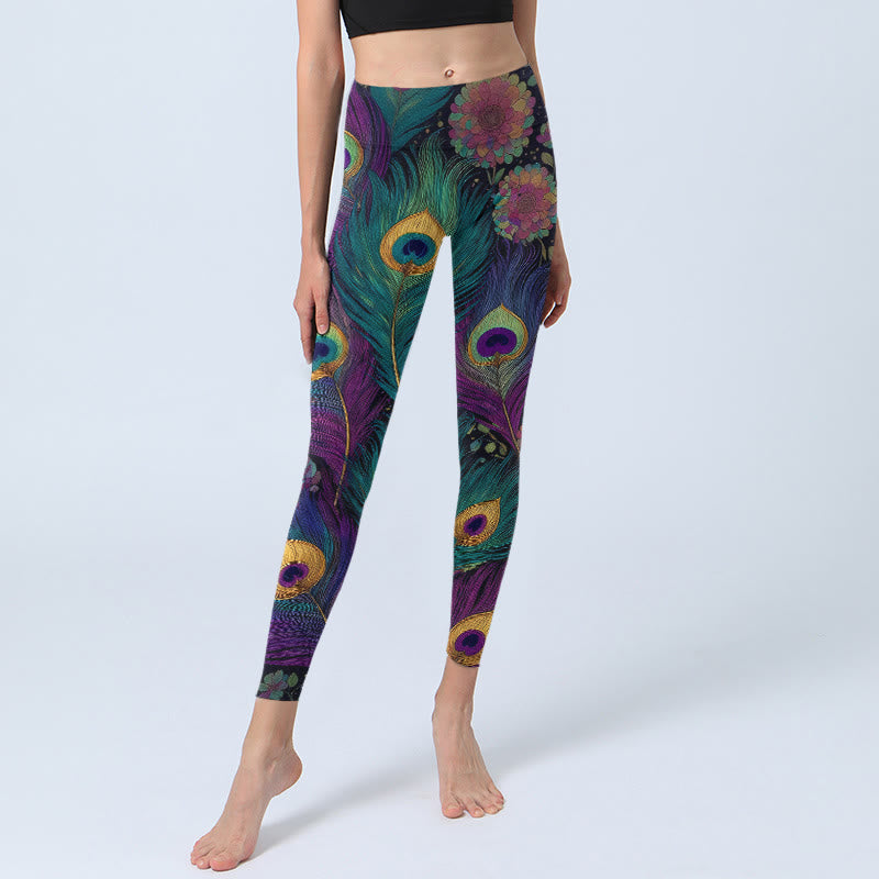 Buddha Stones Leggings mit wunderschönem Pfauenfeder- und Blumenmuster, Damen-Yogahose - image 5