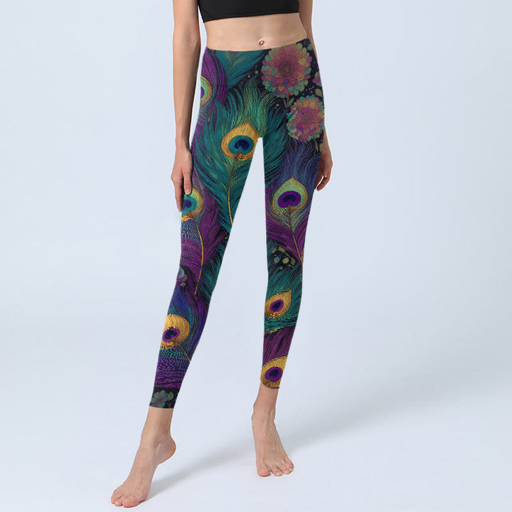 Buddha Stones Leggings mit wunderschönem Pfauenfeder- und Blumenmuster, Damen-Yogahose - image 5