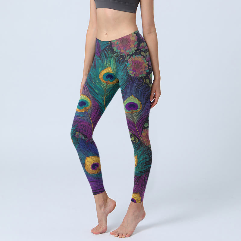 Buddha Stones Leggings mit wunderschönem Pfauenfeder- und Blumenmuster, Damen-Yogahose - DarkOrchid - US18, UK/AU22, EU50 (4XL) - image 0