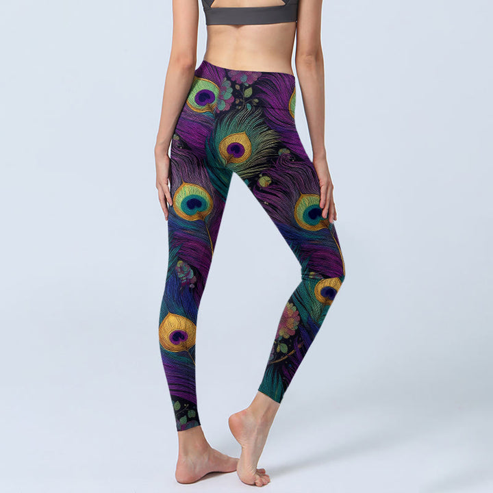 Buddha Stones Leggings mit wunderschönem Pfauenfeder- und Blumenmuster, Damen-Yogahose - image 3