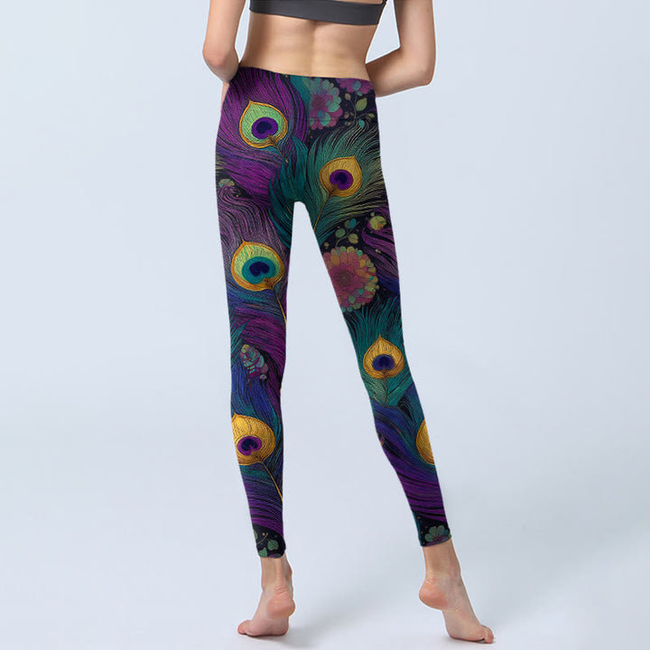 Buddha Stones Leggings mit wunderschönem Pfauenfeder- und Blumenmuster, Damen-Yogahose - image 6