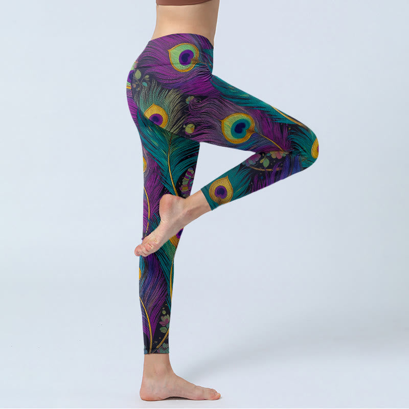 Buddha Stones Leggings mit wunderschönem Pfauenfeder- und Blumenmuster, Damen-Yogahose - image 4