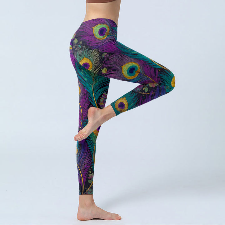 Buddha Stones Leggings mit wunderschönem Pfauenfeder- und Blumenmuster, Damen-Yogahose - image 4