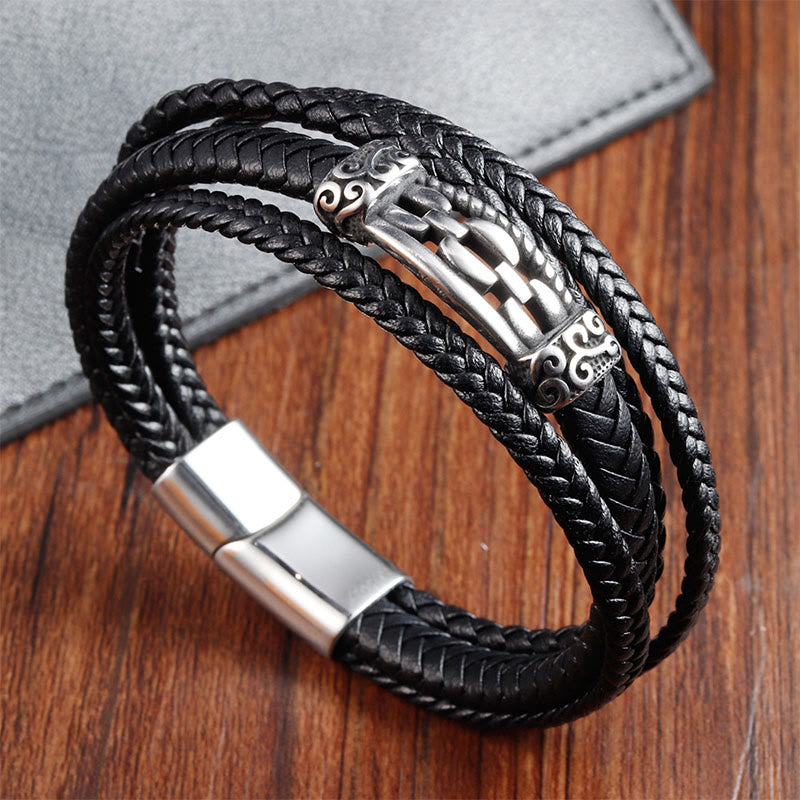 Buddha Stones ​​Kettenglieder-Design Titanstahl Mehrlagiges Leder Balance Geflochtenes Armband - image 1
