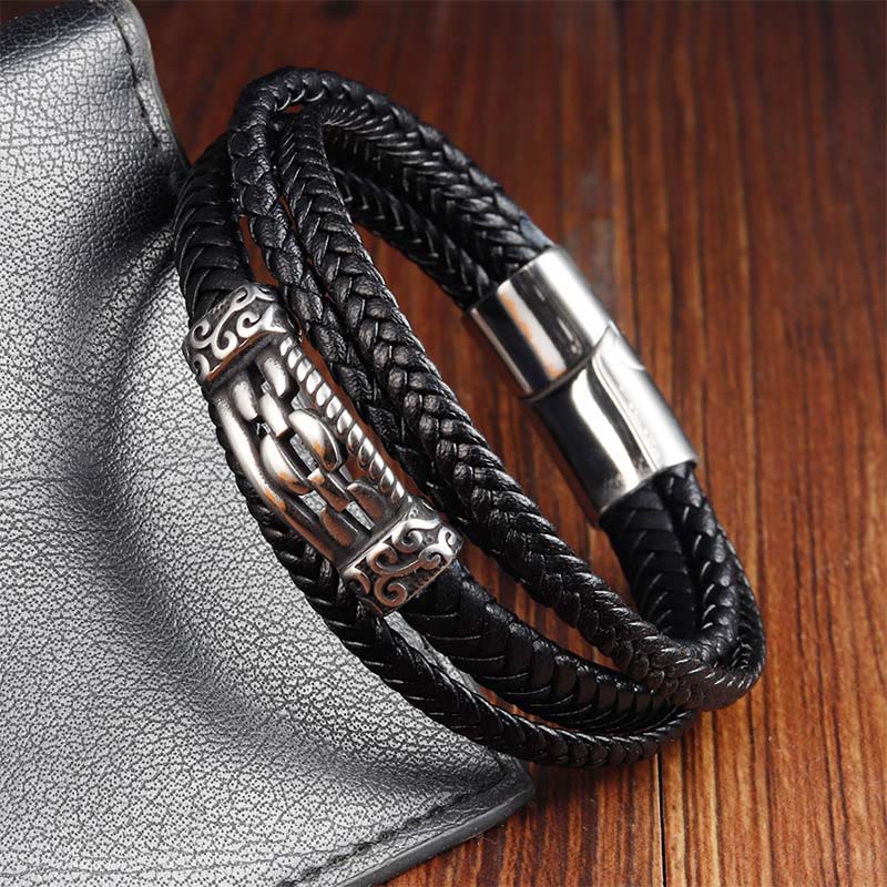 Buddha Stones ​​Kettenglieder-Design Titanstahl Mehrlagiges Leder Balance Geflochtenes Armband - image 3