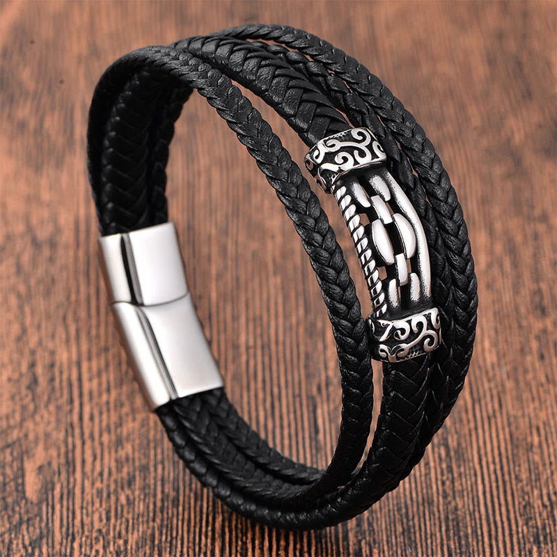 Buddha Stones ​​Kettenglieder-Design Titanstahl Mehrlagiges Leder Balance Geflochtenes Armband - Mehrlagig (Handgelenkumfang: 18-20 cm) - image 0