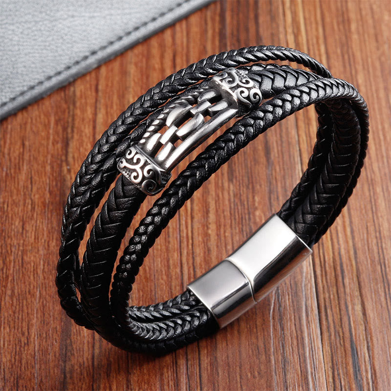 Buddha Stones ​​Kettenglieder-Design Titanstahl Mehrlagiges Leder Balance Geflochtenes Armband - image 2