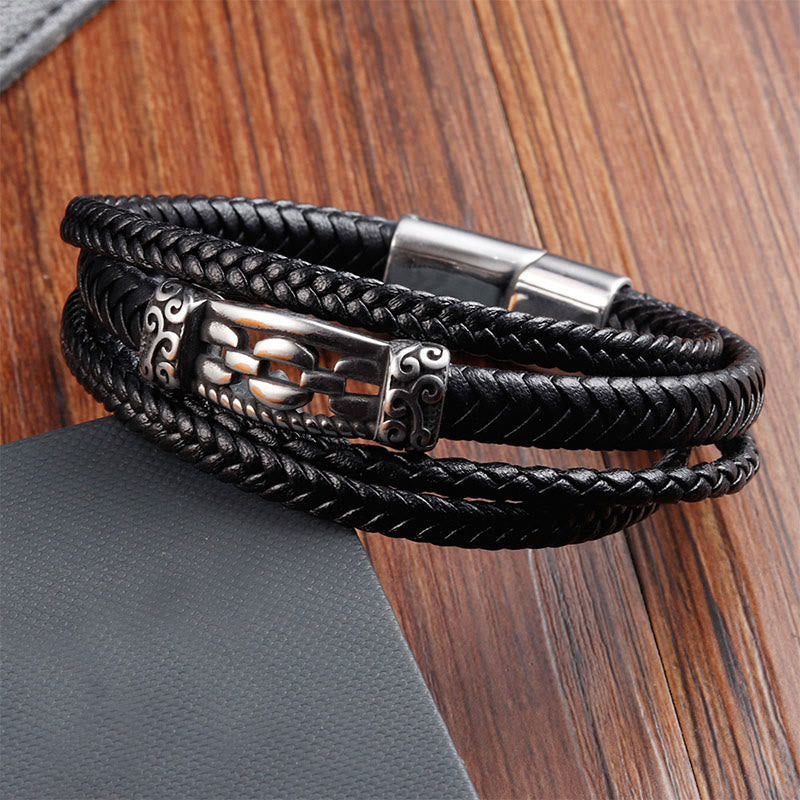 Buddha Stones ​​Kettenglieder-Design Titanstahl Mehrlagiges Leder Balance Geflochtenes Armband - image 4