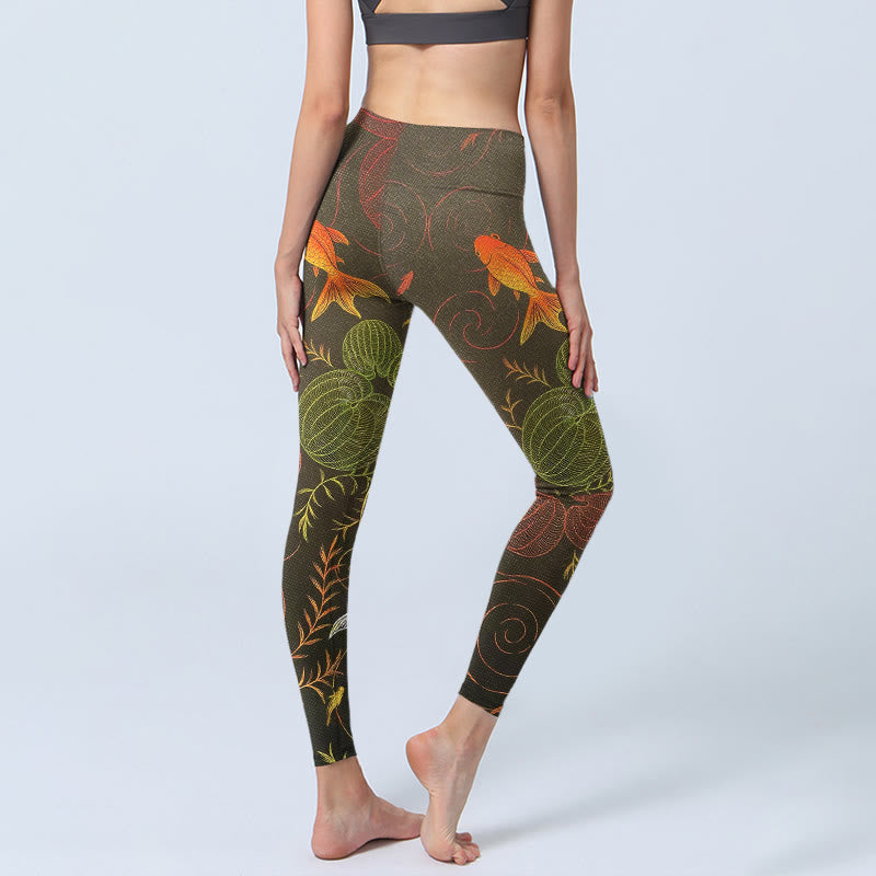 Leggings mit Buddha Stones, bunten Koi-Karpfen, Wasserwellen und Pflanzenmuster – Sport-Leggings für Damen, Yogahosen - image 3