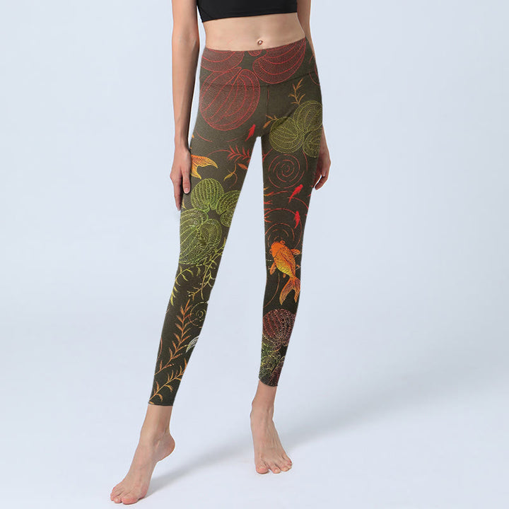 Leggings mit Buddha Stones, bunten Koi-Karpfen, Wasserwellen und Pflanzenmuster – Sport-Leggings für Damen, Yogahosen - image 5