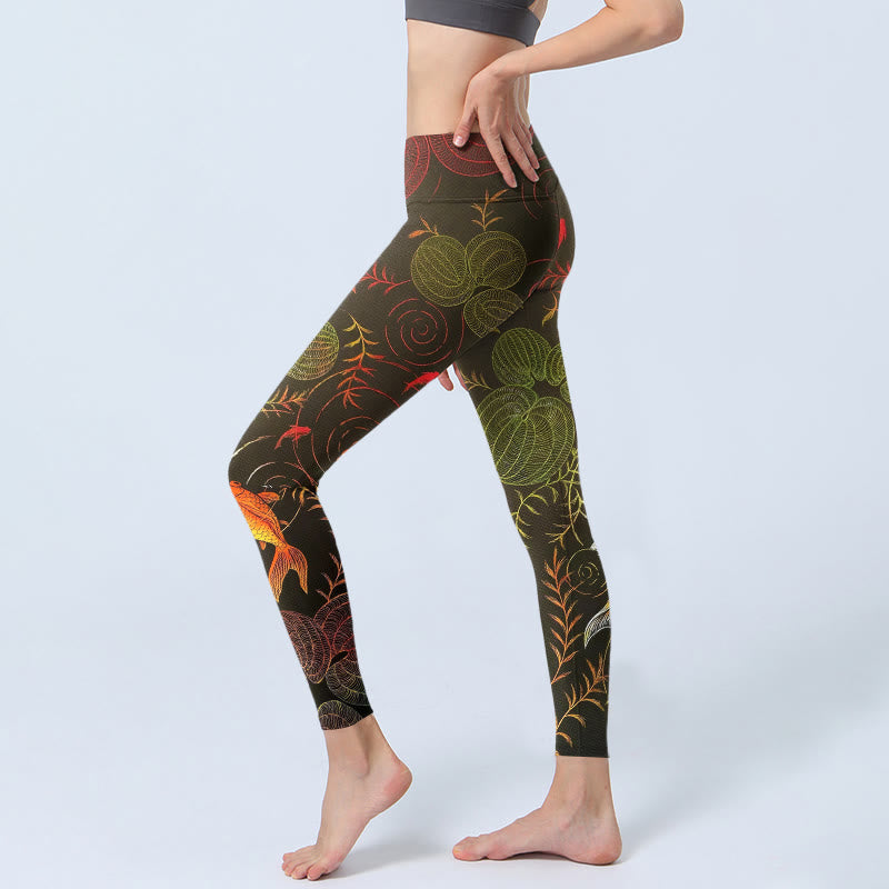 Leggings mit Buddha Stones, bunten Koi-Karpfen, Wasserwellen und Pflanzenmuster – Sport-Leggings für Damen, Yogahosen - image 2