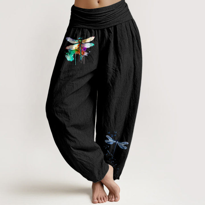 Buddha Stones Damen-Haremshose aus reiner Baumwolle mit traumhaftem Libellenmuster und elastischem Bund - Schwarz - US16, UK/AU20, EU48 (3XL) - image 0