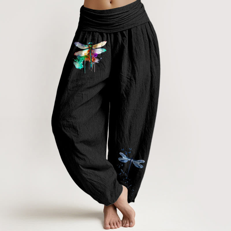 Buddha Stones Damen-Haremshose aus reiner Baumwolle mit traumhaftem Libellenmuster und elastischem Bund - Schwarz - US16, UK/AU20, EU48 (3XL) - image 0