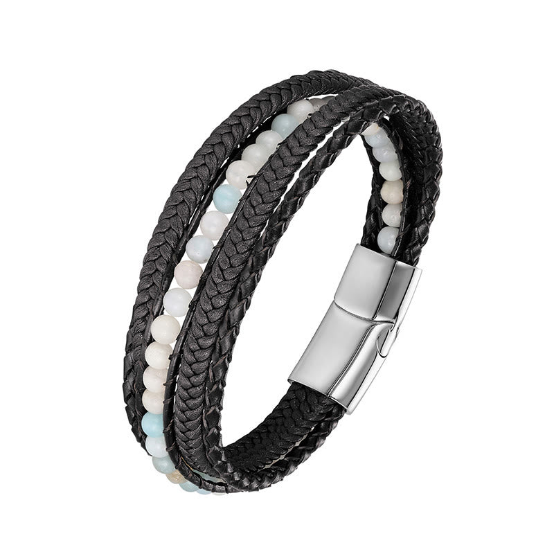 Buddha Stones, Hämatit, indischer Achat, Tigerauge, Amazonit, Perlen, Leder, verstärktes Armband - Amazonit-Silberschnalle - 18-22 cm - image 8