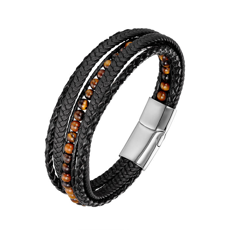 Buddha Stones, Hämatit, indischer Achat, Tigerauge, Amazonit, Perlen, Leder, verstärktes Armband - Tigerauge Silberschnalle - 18-22 cm - image 5