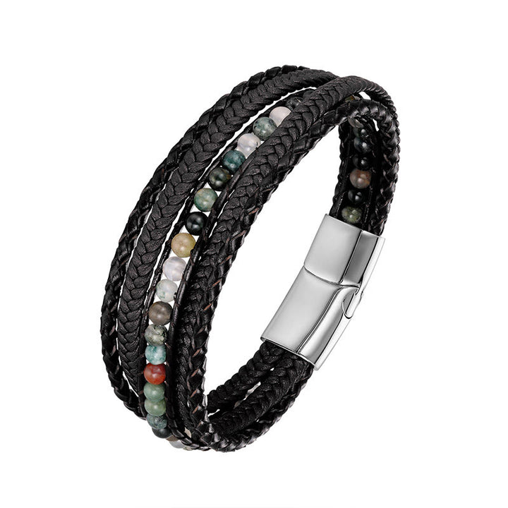 Buddha Stones, Hämatit, indischer Achat, Tigerauge, Amazonit, Perlen, Leder, verstärktes Armband - Indische Achat-Silberschnalle - 18-22 cm - image 3