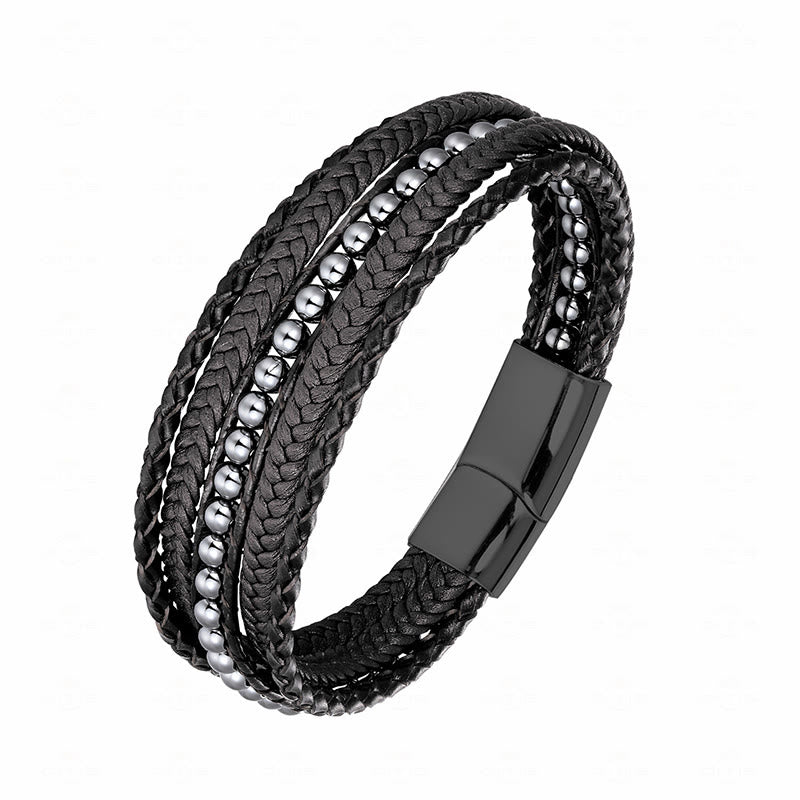 Buddha Stones, Hämatit, indischer Achat, Tigerauge, Amazonit, Perlen, Leder, verstärktes Armband - Hämatit-schwarze Schnalle - 19-21 cm - image 0