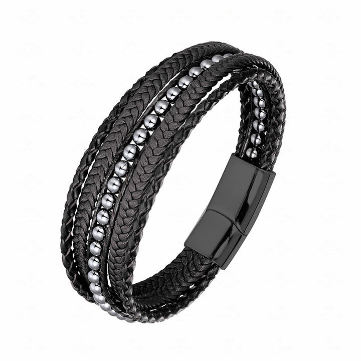 Buddha Stones, Hämatit, indischer Achat, Tigerauge, Amazonit, Perlen, Leder, verstärktes Armband - Hämatit-schwarze Schnalle - 18-22 cm - image 0