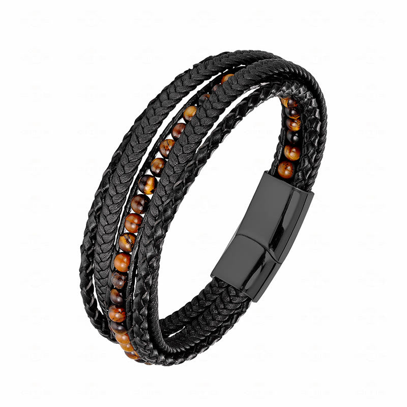 Buddha Stones, Hämatit, indischer Achat, Tigerauge, Amazonit, Perlen, Leder, verstärktes Armband - Tigerauge-Schnalle, schwarz - 18-22 cm - image 20