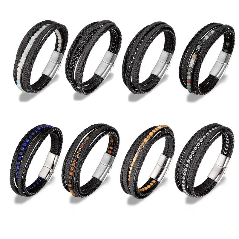 Buddha Stones, Hämatit, indischer Achat, Tigerauge, Amazonit, Perlen, Leder, verstärktes Armband - image 26