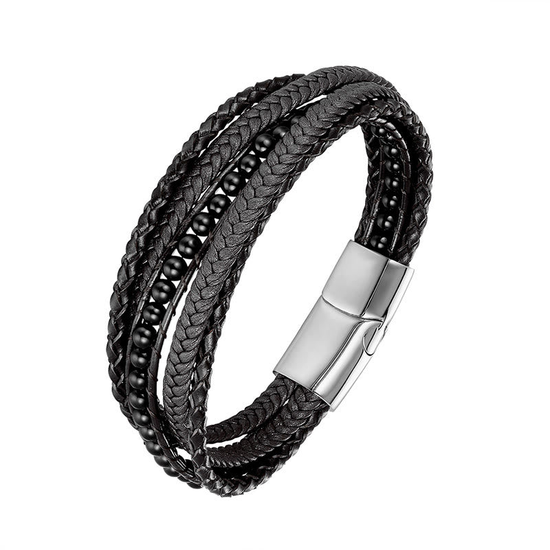 Buddha Stones, Hämatit, indischer Achat, Tigerauge, Amazonit, Perlen, Leder, verstärktes Armband - Schwarze Onyx-Silberschnalle - 18-22 cm - image 17