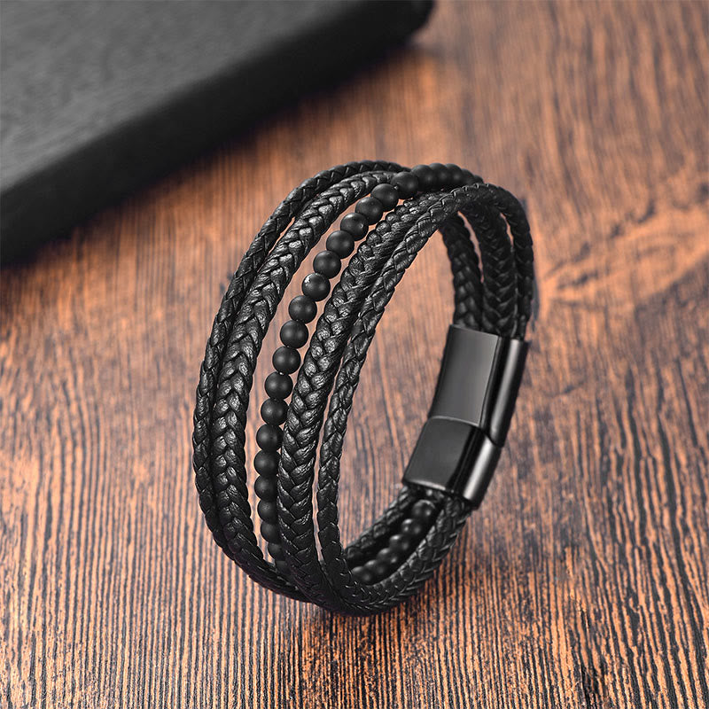Buddha Stones, mattes Frosting, schwarzer Onyx, Leder, Glücksarmband, mehrlagig geflochten - Schwarzer Onyx (Handgelenkumfang: 18-20 cm) - image 0