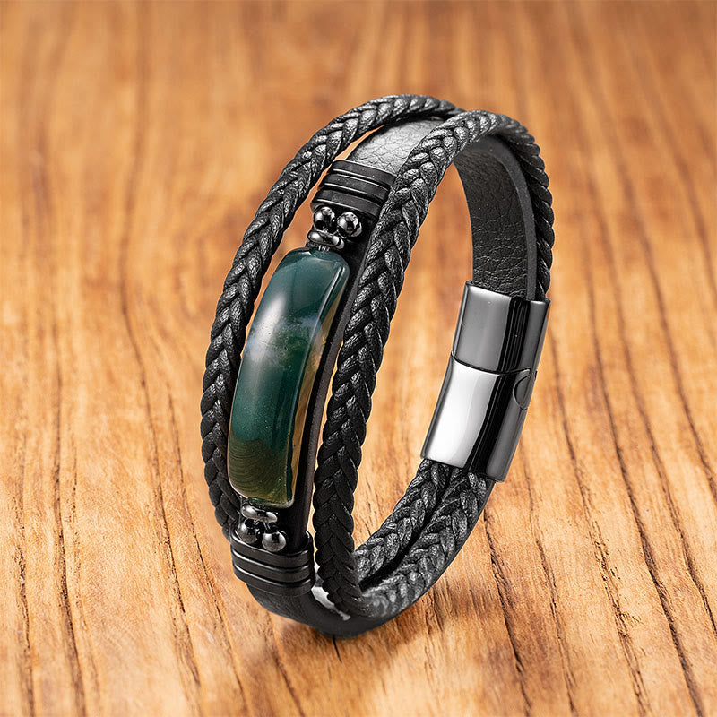 Buddha Stones, Hämatit, Lazurit, schwarzer Glitzerstein, rosa Kristall, Titanstahl, Leder, verstärktes Armband - Grüner Achat - 18-22 cm - image 23