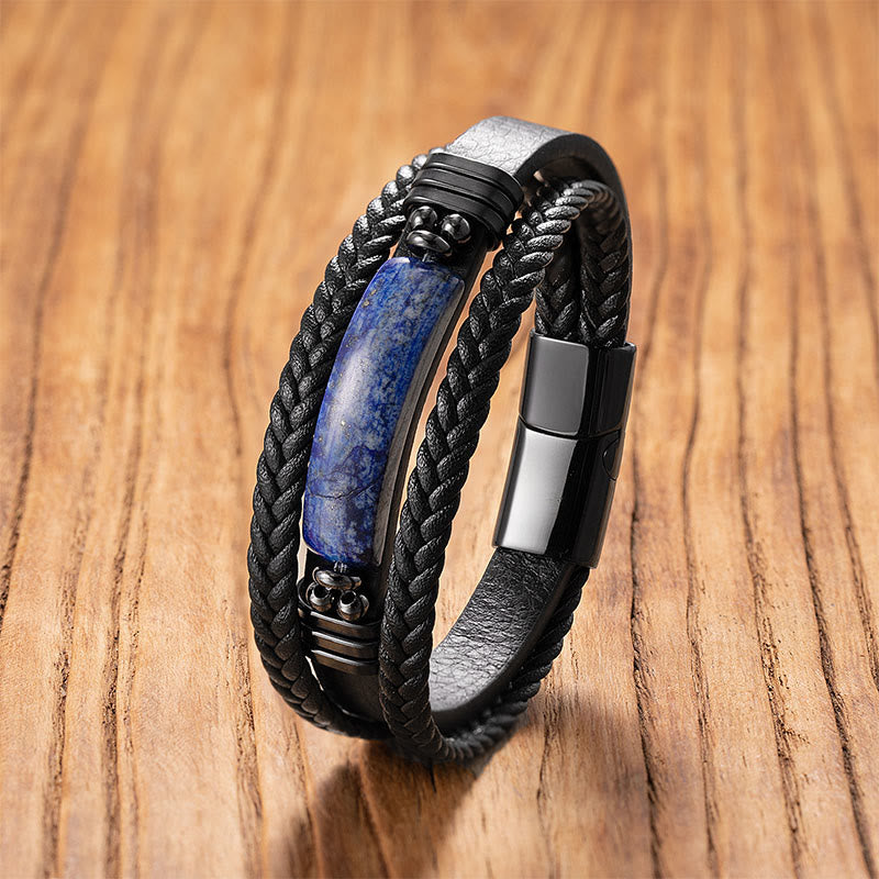Buddha Stones, Hämatit, Lazurit, Lapislazuli, schwarzer Glitzerstein, rosa Kristall, Titanstahl, Leder, verstärktes Armband - Lapislazuli - 18-22 cm - image 3