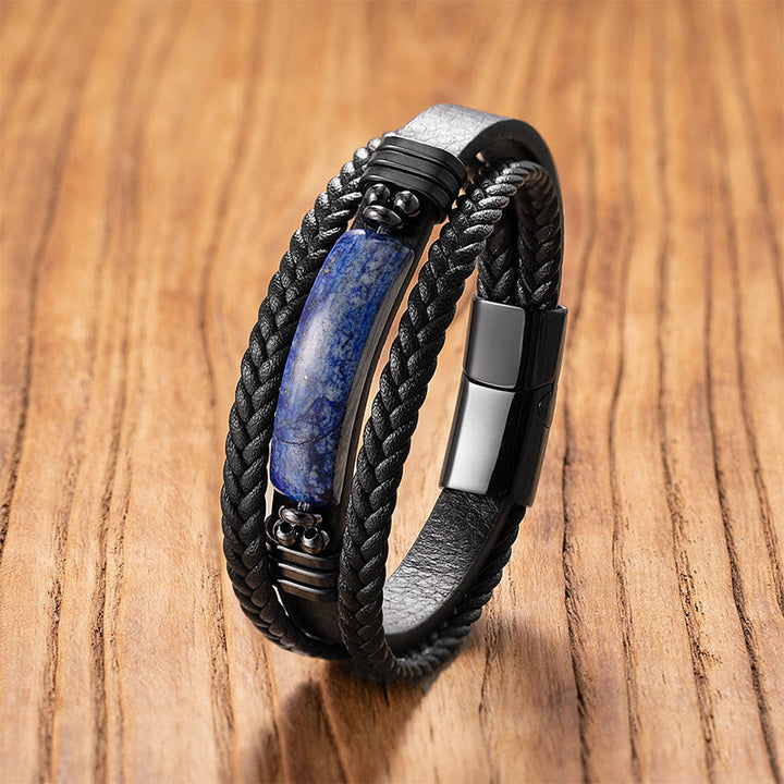 Buddha Stones, Hämatit, Lazurit, Lapislazuli, schwarzer Glitzerstein, rosa Kristall, Titanstahl, Leder, verstärktes Armband - Lapislazuli - 18-22 cm - image 3