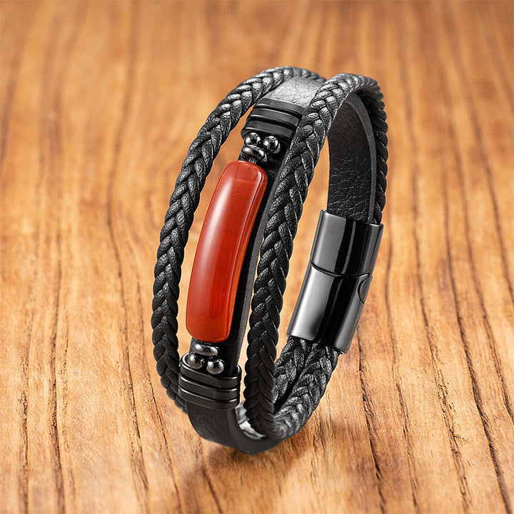 Buddha Stones, Hämatit, Lazurit, Lapislazuli, schwarzer Glitzerstein, rosa Kristall, Titanstahl, Leder, verstärktes Armband - Rote Liuli - 18-22 cm - image 9