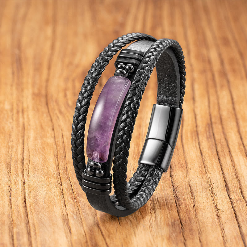 Buddha Stones, Hämatit, Lazurit, schwarzer Glitzerstein, rosa Kristall, Titanstahl, Leder, verstärktes Armband - Amethyst - 18-22 cm - image 12