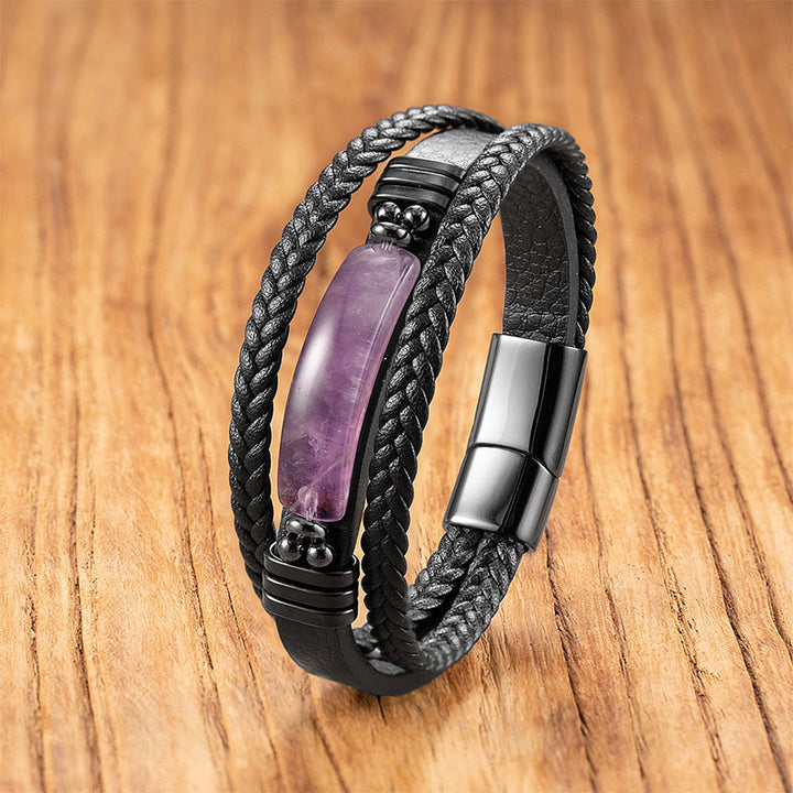 Buddha Stones, Hämatit, Lazurit, schwarzer Glitzerstein, rosa Kristall, Titanstahl, Leder, verstärktes Armband - Amethyst - 18-22 cm - image 12