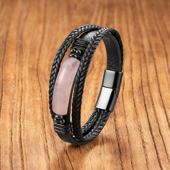 Buddha Stones, Hämatit, Lazurit, schwarzer Glitzerstein, rosa Kristall, Titanstahl, Leder, verstärktes Armband - Rosa Kristall - 18-22 cm - image 7