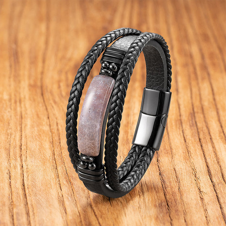 Buddha Stones, Hämatit, Lazurit, Lapislazuli, schwarzer Glitzerstein, rosa Kristall, Titanstahl, Leder, verstärktes Armband - Rosa Achat - 18-22 cm - image 24