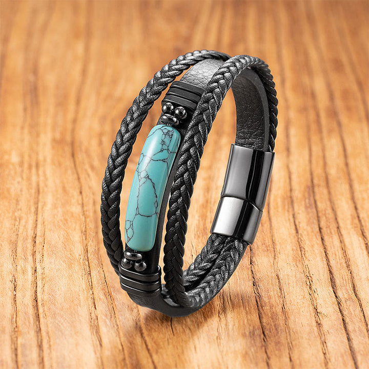 Buddha Stones, Hämatit, Lazurit, Lapislazuli, schwarzer Glitzerstein, rosa Kristall, Titanstahl, Leder, verstärktes Armband - Türkis - 18-22 cm - image 10