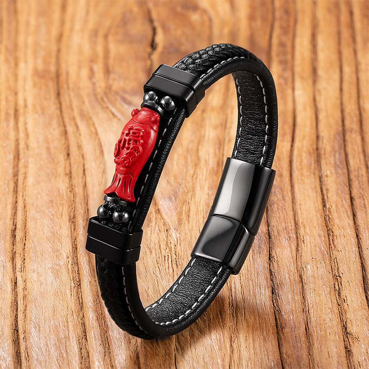 Buddha Stones, Zinnober-Buddha-Symbol, Koi-Fisch, Drache, Fu-Zeichen, Pi-Xiu-Design, Leder-Segensarmband - Koi-Fisch & Fu-Charakter - 18-22 cm - image 10