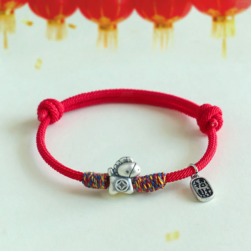 Buddha Stones, 999 Sterling Silber, Jahr des Pferdes, Fu-Zeichen, Glücksbringer-Armband - Rotes Seil (Handgelenkumfang: 14-19 cm) - image 9