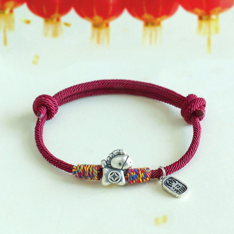 Buddha Stones, 999 Sterling Silber, Jahr des Pferdes, Fu-Zeichen, Glücksbringer-Armband - Dunkelrotes Seil (Handgelenkumfang: 14-19 cm) - image 1