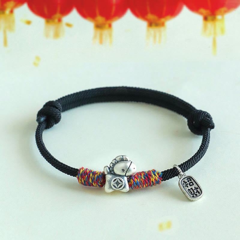 Buddha Stones, 999 Sterling Silber, Jahr des Pferdes, Fu-Zeichen, Glücksbringer-Armband - Schwarzes Seil (Handgelenkumfang: 14-19 cm) - image 14