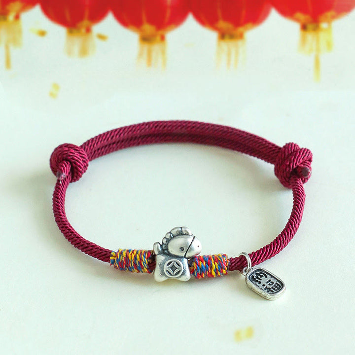 Buddha Stones, 999 Sterling Silber, Jahr des Pferdes, Fu-Zeichen, Glücksbringer-Armband - Dunkelrotes Seil (Handgelenkumfang: 14-19 cm) - image 1