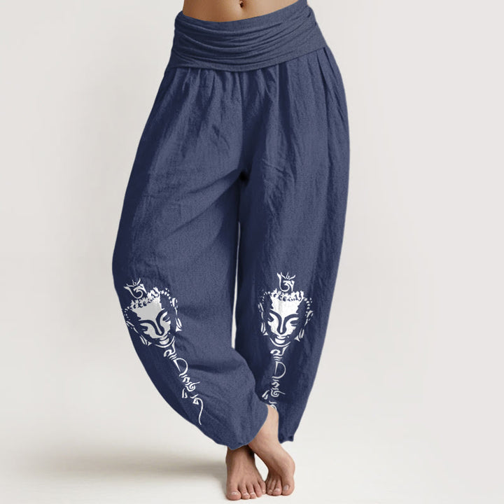 Buddha Stones, reine Baumwolle, schlichtes Om-Symbol, Buddha-Muster, Damen-Haremshose mit elastischem Bund - Dunkelschieferblau - US16, UK/AU20, EU48 (3XL) - image 0