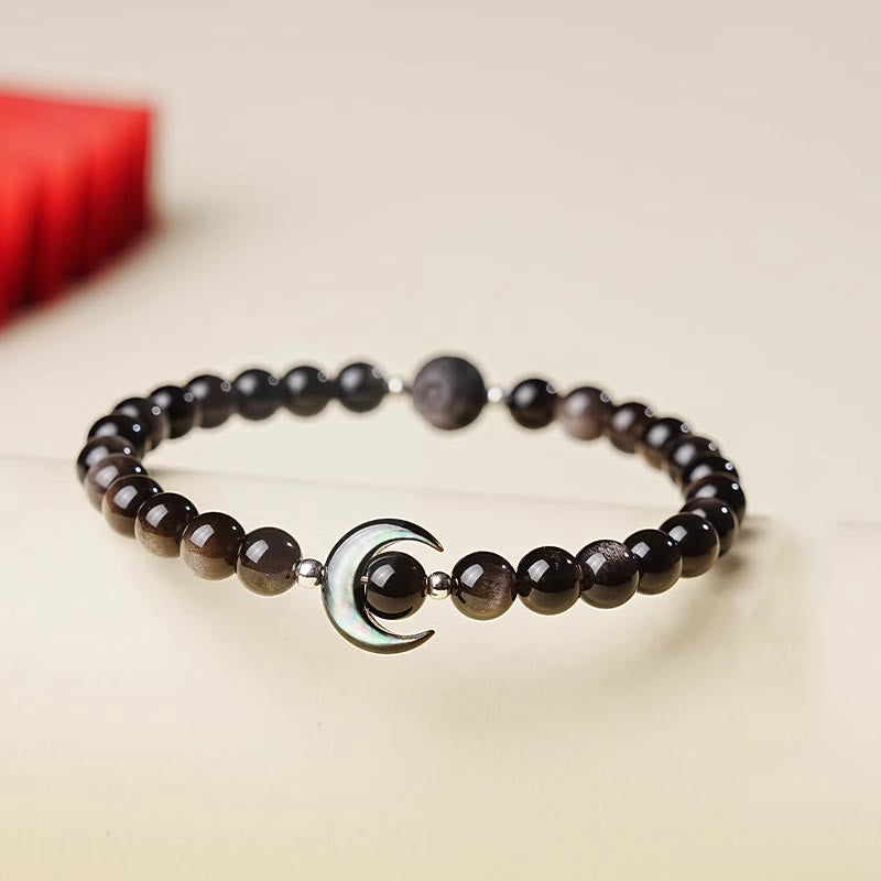Buddha Stones ​​Mond-Design Natürliches Silberglänzendes Obsidian-Schutzperlenarmband - Obsidian mit Silberglanz (Handgelenkumfang: 15-17 cm) - image 0